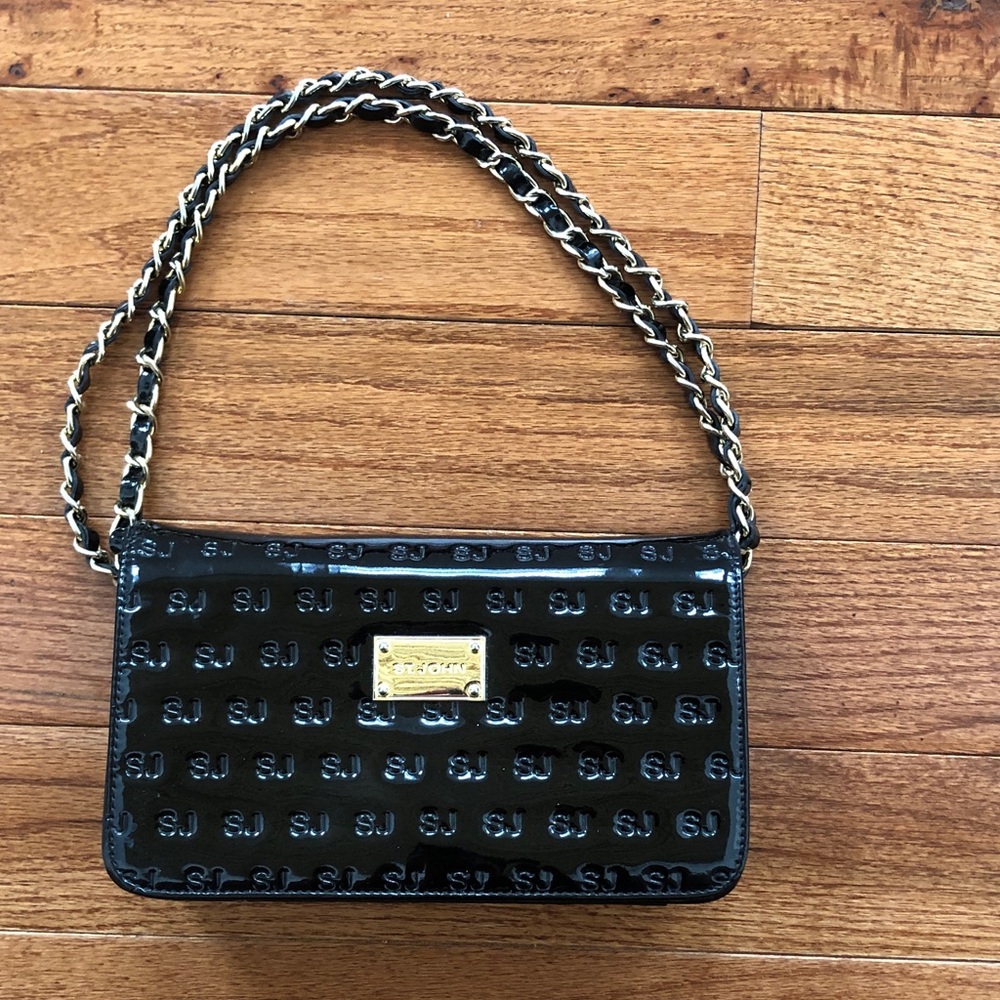 St. John Black Patent Crossbody with Gold Chain